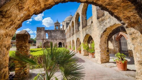 A view of the historic architecture at the Missions in San Antonio, Texas
